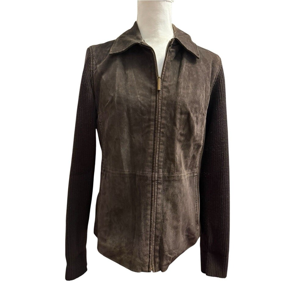 Fabio Vintage Y2K Brown Genuine Leather Ribbed Knit Sleeve Zip Jacket L - Picture 2 of 8